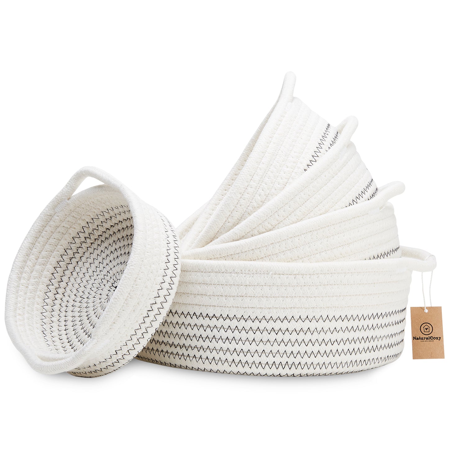 NaturalCozy Round Small Rope Cotton Basket s Set of 5 (Off White/Black Stitching