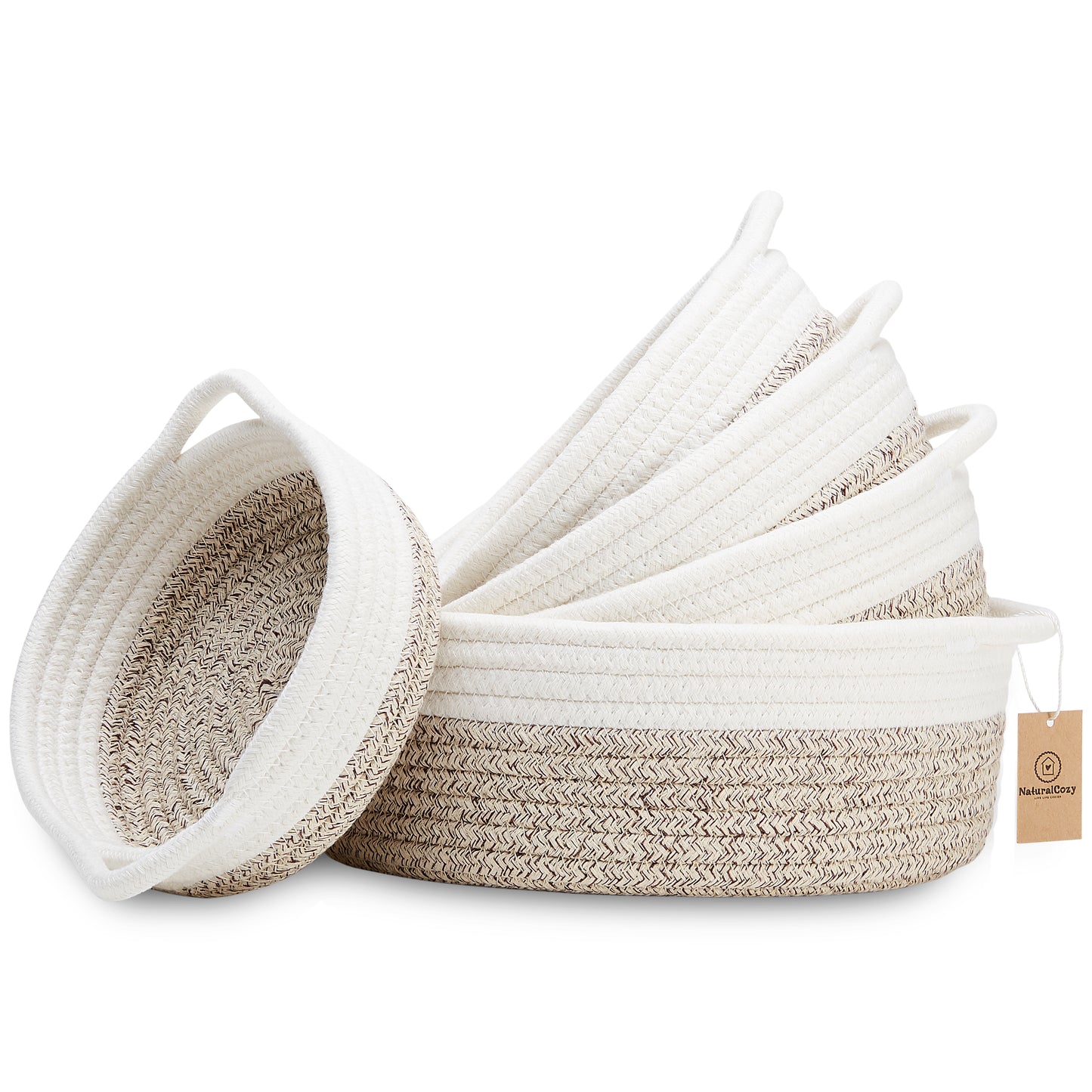 NaturalCozy Round Small Rope Cotton Basket s Set of 5 (Off White & Mixed Brown)