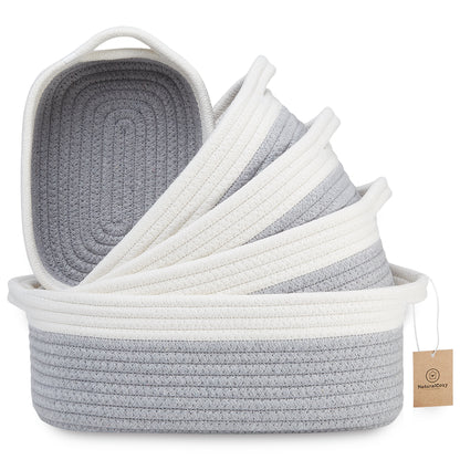 NaturalCozy Rectangle Rope Cotton Baskets Set of 5 (Off White & Gray)