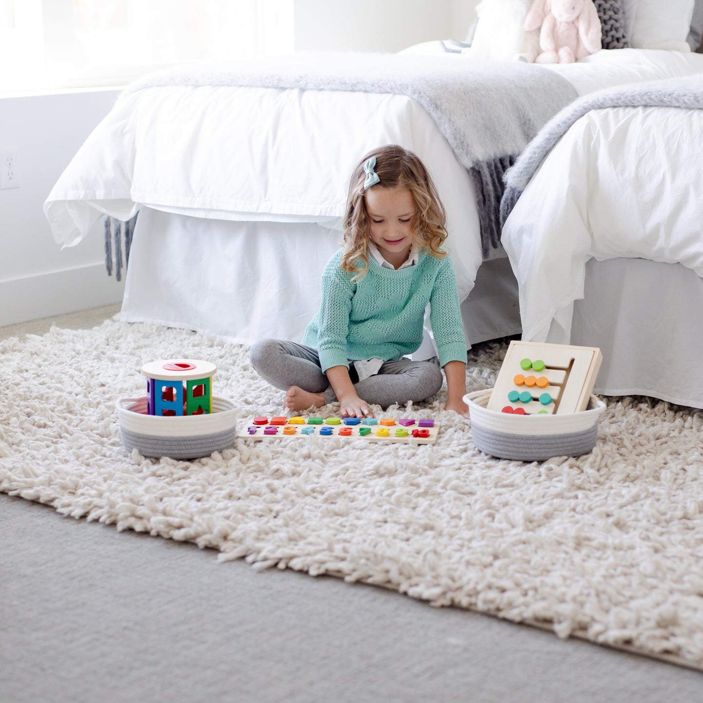 NaturalCozy Round Small Rope Cotton Baskets Set of 5 (Off White & Gray)