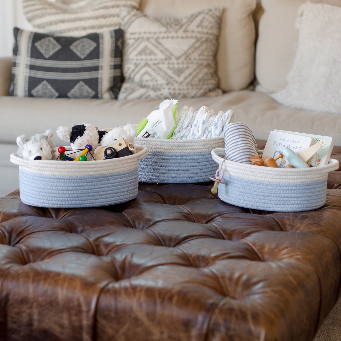 NaturalCozy Oval Rope Cotton Baskets Set of 3 (Off White & Baby Blue)