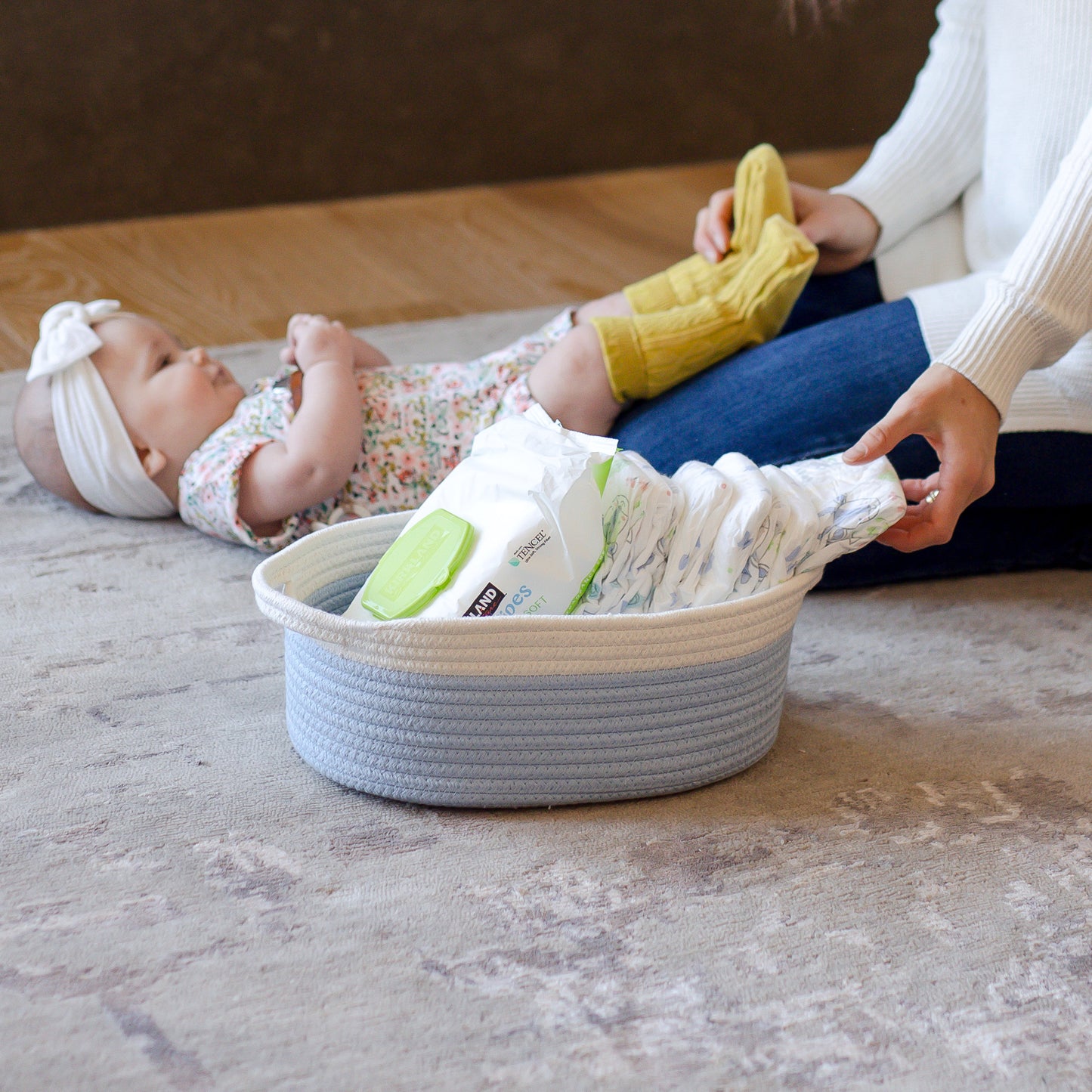 NaturalCozy Oval Rope Cotton Baskets Set of 3 (Off White & Baby Blue)