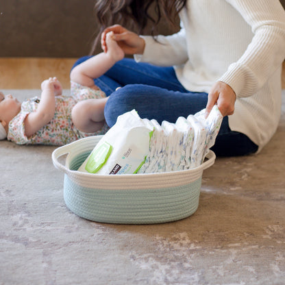 NaturalCozy Oval Rope Cotton Baskets Set of 3 (Off White & Turquoise)