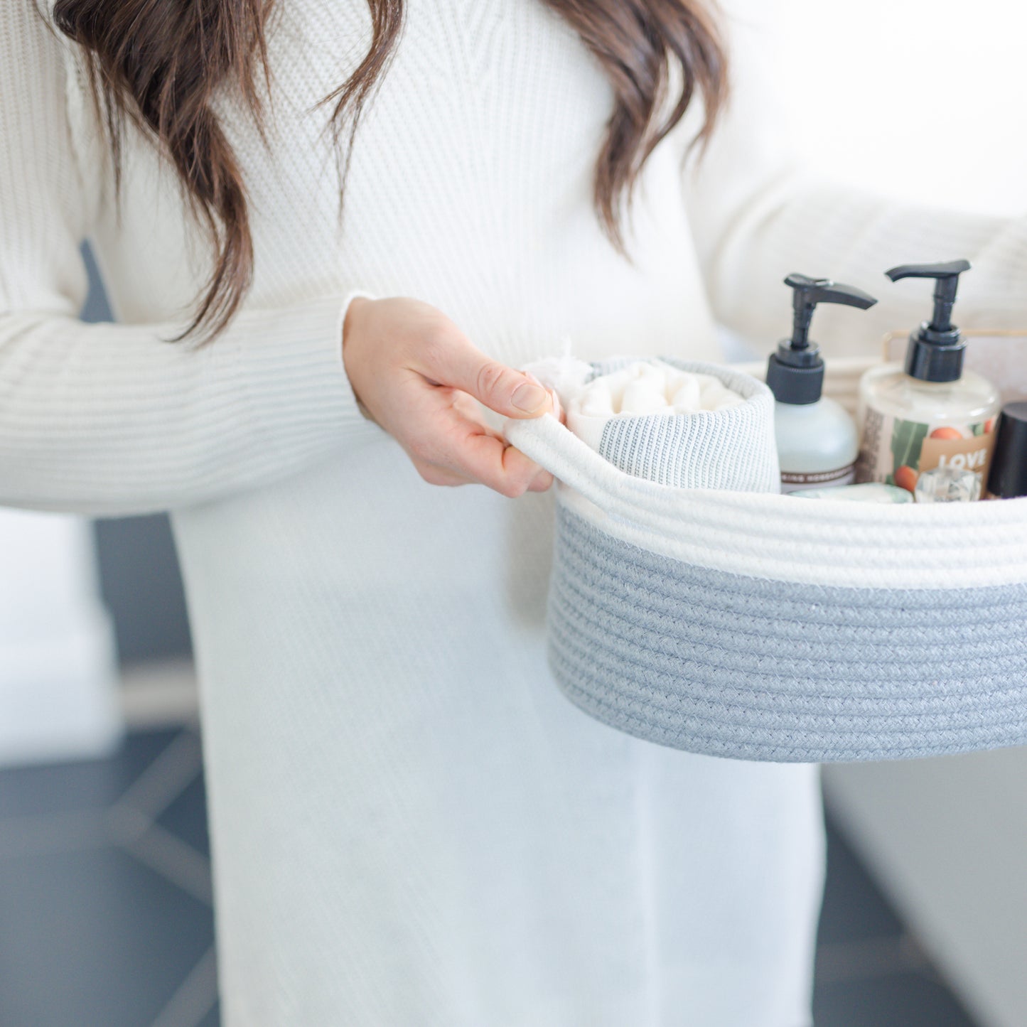 NaturalCozy Oval Rope Cotton Baskets Set of 3 (Off White & Gray)