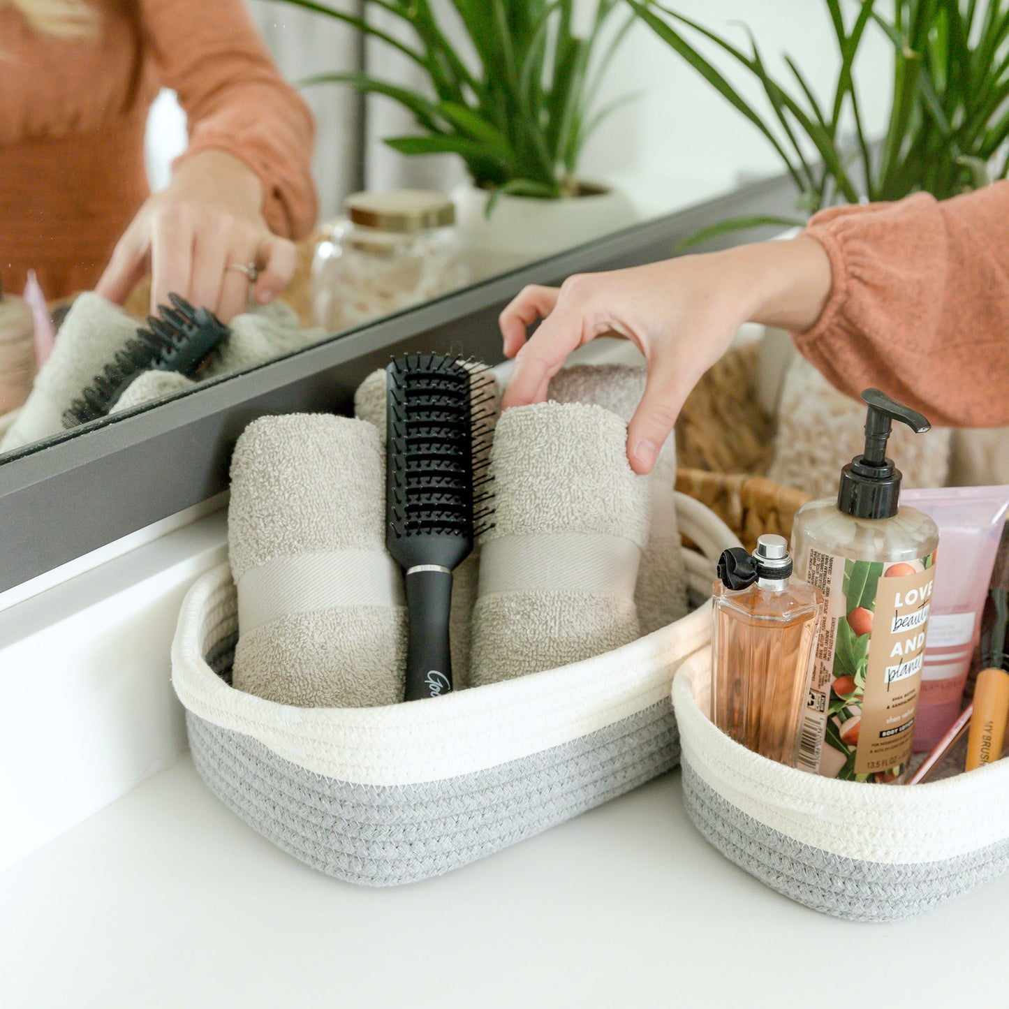 NaturalCozy Rectangle Rope Cotton Baskets Set of 5 (Off White & Gray)