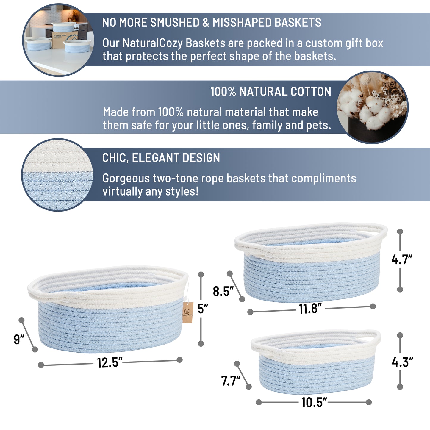 NaturalCozy Oval Rope Cotton Baskets Set of 3 (Off White & Baby Blue)