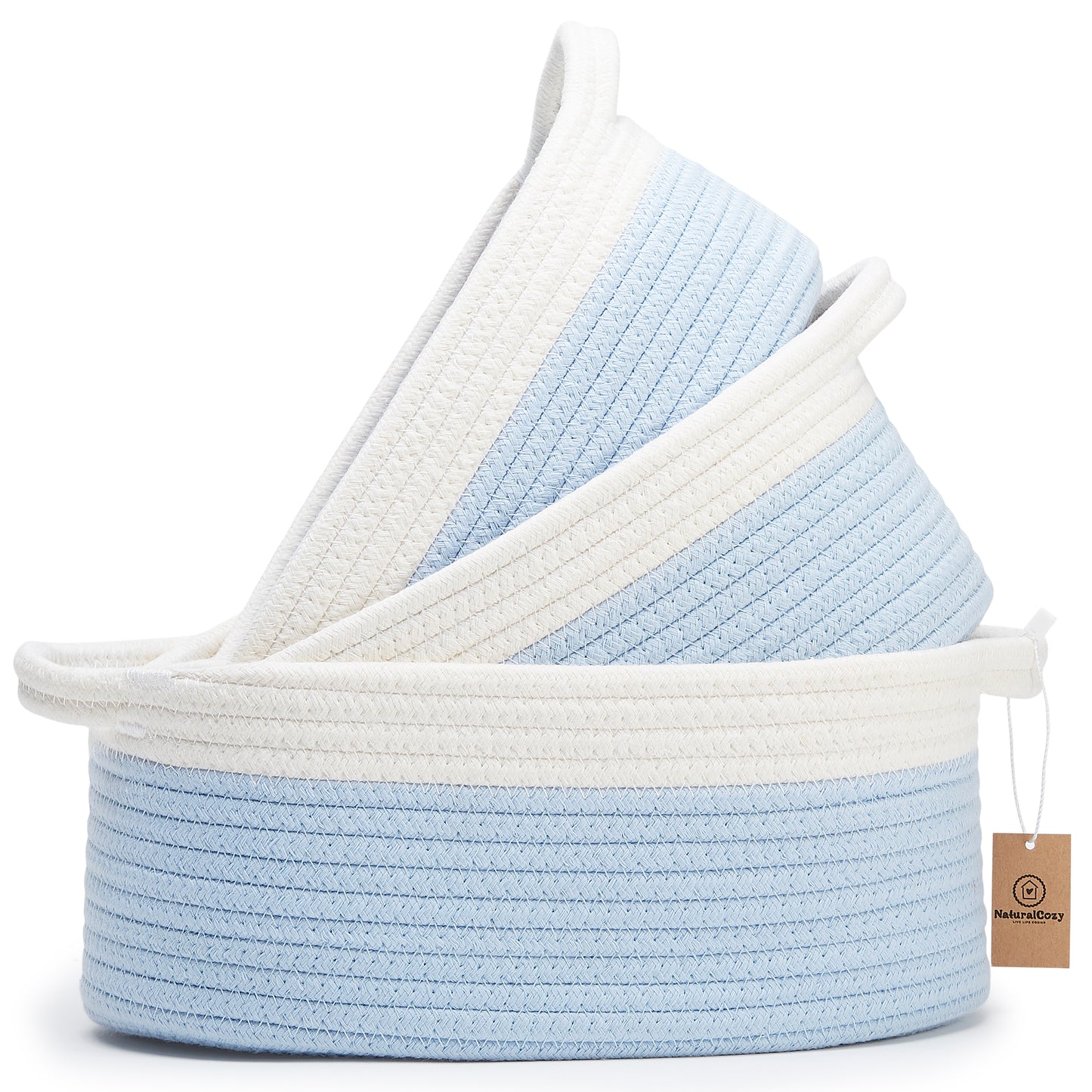 NaturalCozy Oval Rope Cotton Baskets Set of 3 (Off White & Baby Blue)