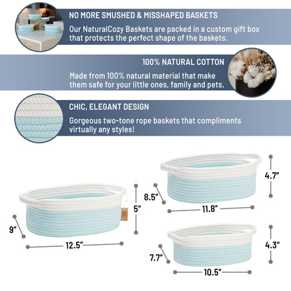 NaturalCozy Oval Rope Cotton Baskets Set of 3 (Off White & Turquoise)