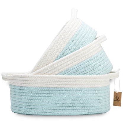 NaturalCozy Oval Rope Cotton Baskets Set of 3 (Off White & Turquoise)