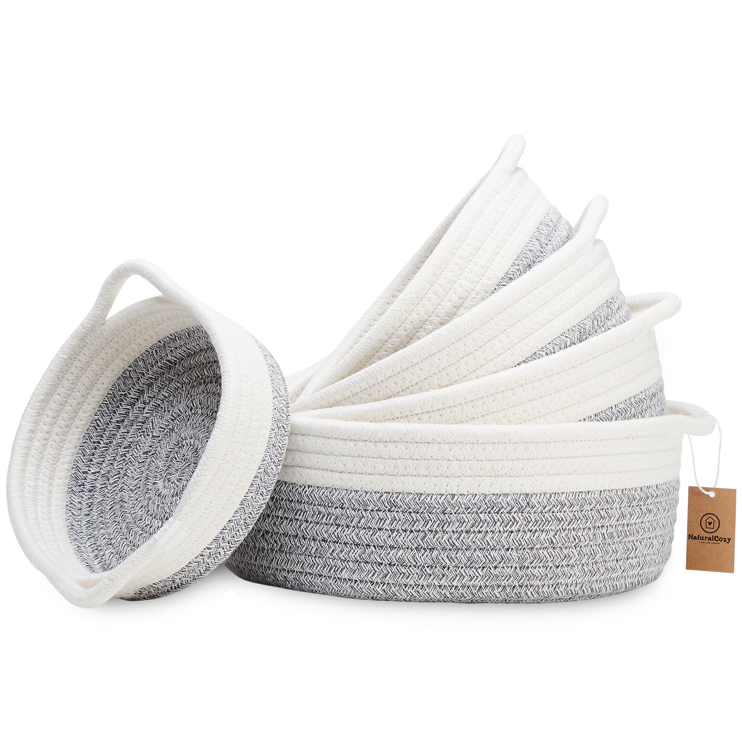 NaturalCozy Round Small Rope Cotton Basket s Set of 5 (Off White & Mixed Gray)